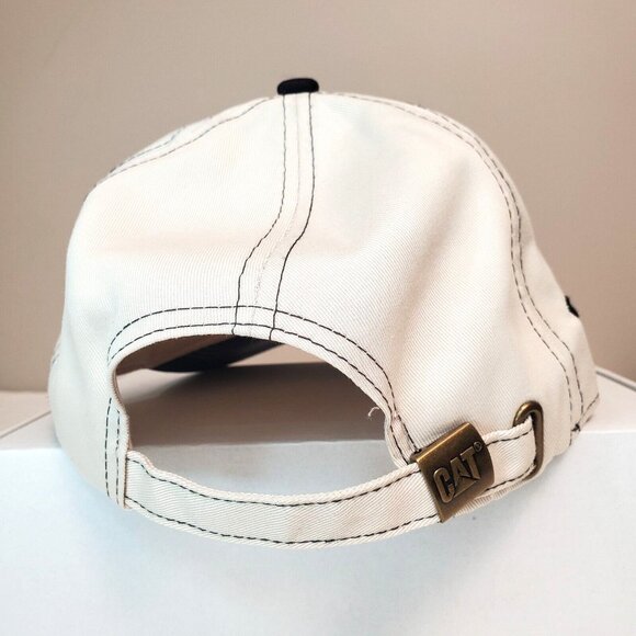 CAT Caterpillar Raised Logo Adjustable Strap Back Curve Bill Style Black Tan Hat - Picture 10 of 11